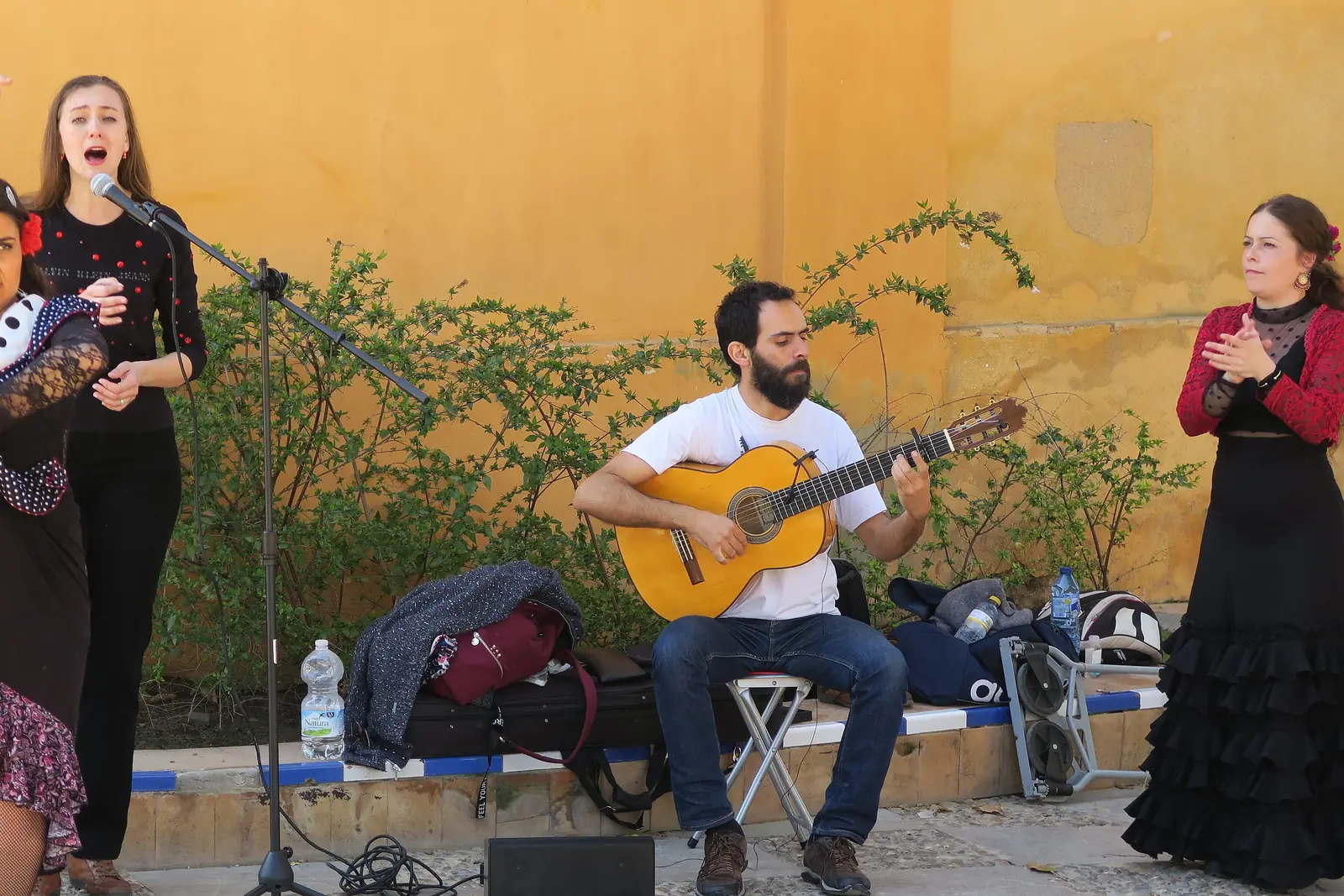 A flamenco singer at a microphone, a guitarist in a white shirt and a dancer in a polka-dot jacket performing against an ochre wall in Seville